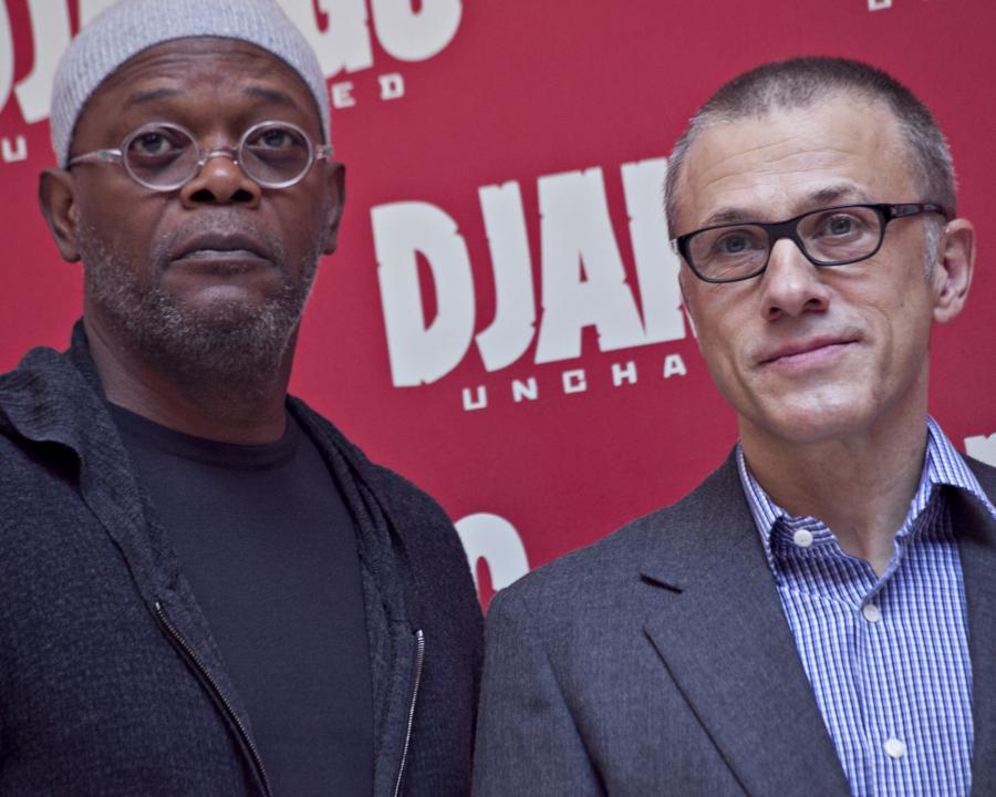 Christoph Waltz i Samuel L. Jackson podczas promocji filmu "Django"