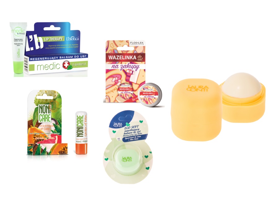 Kosmetyki do ust: Pomadka ochronna z filtrem UV marki Noni Care, cena 11 zł; Regenerujący balsam do ust Medic L'biotica, cena ok. 9 zł; Wazelinka Na zakupy Floslek, cena ok. 9,99 zł; Balsamy do ust Laura Conti ECO SOFT, cen 11,99